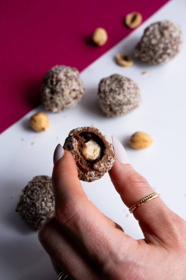 Sugar-free hazelnut chocolate help up by a hand