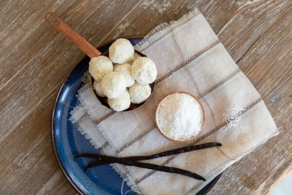 vanilla coconut truffle on blue plate