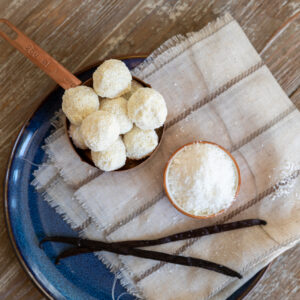 vanilla coconut truffle on blue plate